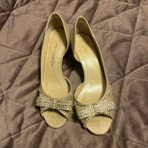 Caparros Champagne Gold Peep-Toe Heels with Rhinestone Bow Accent